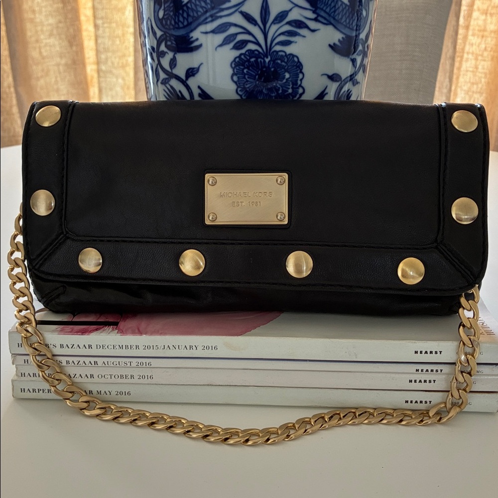Michael Kors Black Leather Clutch with Gold Details